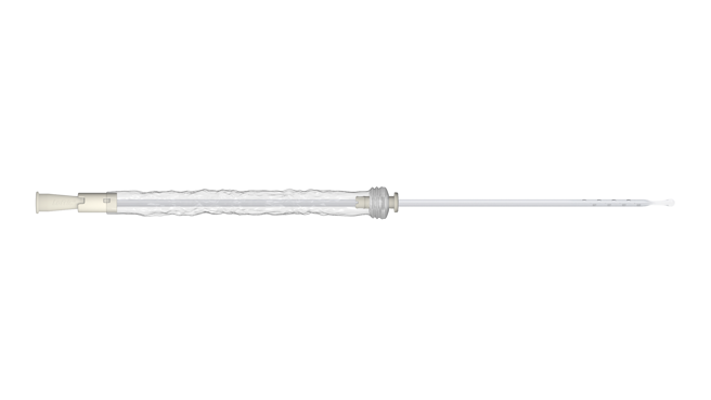 LoFric Origo Pro product image in 16:9 for the website, showing the catheter taken out of the packaging and with the protective sleeve pulled half way down.